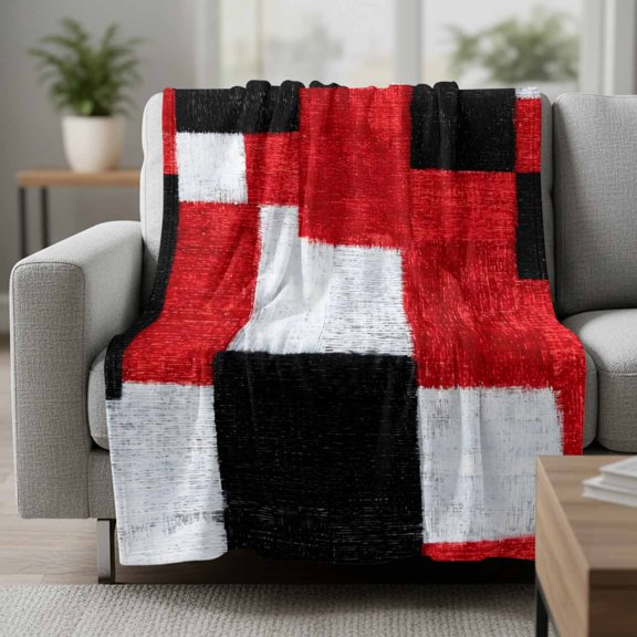 Black Red Patchwork Fleece Blanket, Modern Abstract Red Black White Patchwork Ultra Soft Warm Throw Blanket Lightweight Plush Bed Blanket, Home Decor Throws for Couch Bed Sofa, 60x80 inches