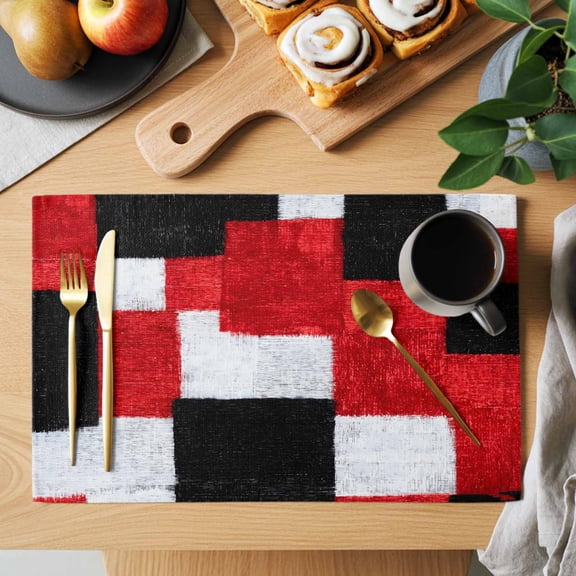 Black Red Patchwork Placemats Set of 1, Modern Abstract Red Black White Patchwork Heat Insulated Linen Place Mats, Washable Stain-Proof Table Mats for Dining Tables Holiday Decor 13x19 Inches