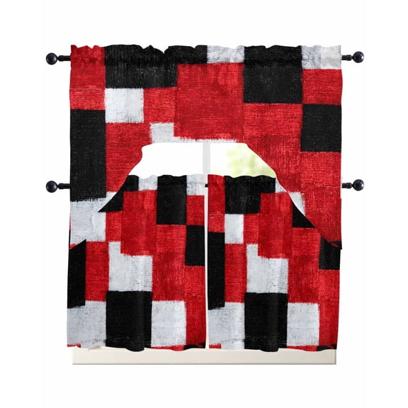 Black Red Patchwork Swag Valance for Window, 3 Piece Modern Abstract Red Black White Patchwork Light Filtering Swag Curtain Rod Pocket Kitchen Curtain Valance for Bedroom 3 Piece