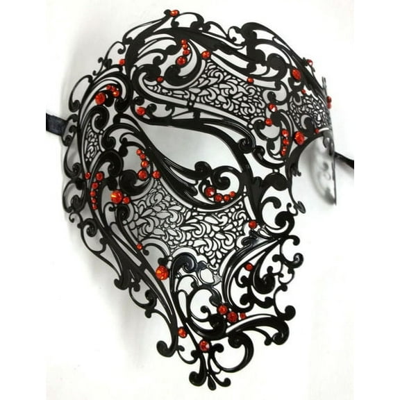 Black Red Phantom Laser Cut Venetian Mask Masquerade Metal Men Skull Filigree