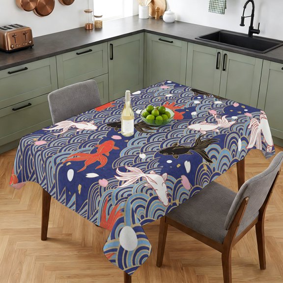 Black Red Pink Goldfish Table Cloth 52x70in, Waterproof Rectangle Tablecloth Wipeable Tablecloths Sea Waves Art Background Table Covers for Dining Tables Party Indoor Outdoor