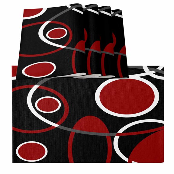 Black Red Placemats for Dinning Table Set of 4, White Circle Geometric Abstract Texture Burlap Kitchen Place Mats Waterproof Cloth Table Mats, Indoor Outdoor Placemats Easy Clean Dinner Decor