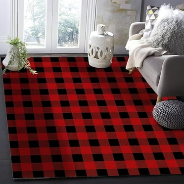 Black Red Plaid Area Rug, Retro Geometric Plaid Farmhouse Rugs, With Anti-Slip Backing Washable Indoor Carpet For Living Room Bedroom Study Dining Room 5' x 7'