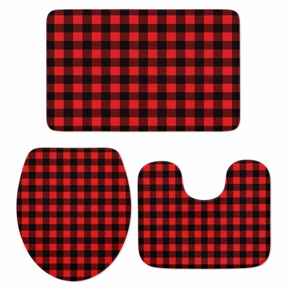 Black Red Plaid Bath Mat 3 Piece Bathroom Rug Set, Vintage Rustic Buffalo Checked Gingham Non Slip Bath Rug Contour Mat and Toilet Lid Cover, Absorbent Shower Mats Soft Bath Rugs and Mats Sets