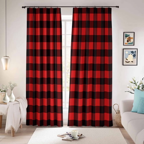 Black Red Plaid Blackout Curtains for Bedroom/Living Room, Pinch Pleated Black Out Curtains, Vintage Rustic Buffalo Checked Gingham Room Darkening Window Drapes with Hooks 2 Panels, 59"x70"