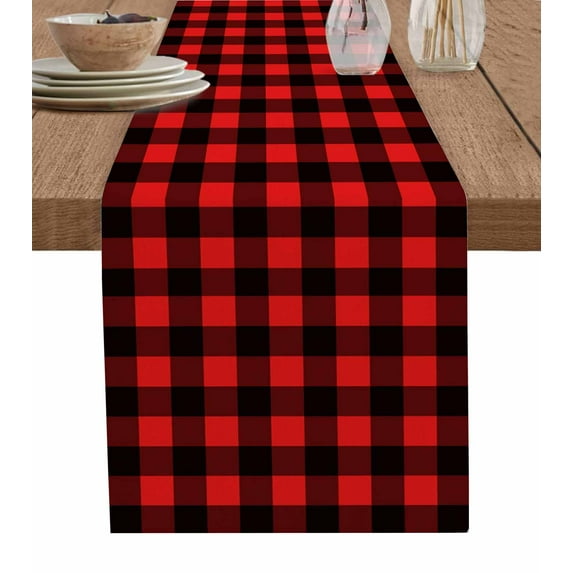 Black Red Plaid Burlap Cotton Table Runner 13x36 Inches Short, Vintage Rustic Buffalo Checked Gingham Farmhouse Table Runners, Outdoor Dining Tablecloths Decor for Baby Shower/Party/Wedding