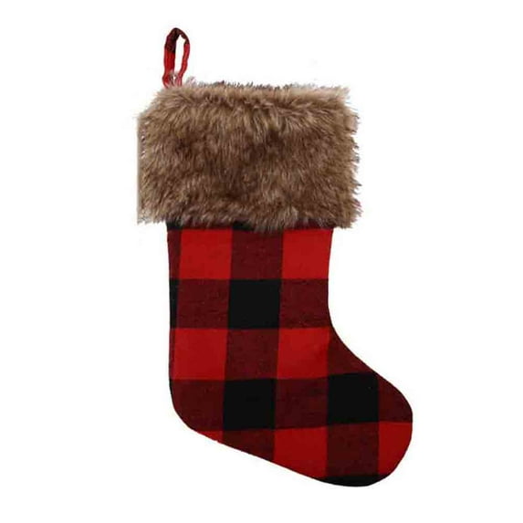 Black Red Plaid Christmas Stockings with Brown Faux Fur Tree Window Hanging Decorations Candy Gift Bags for Xmas Party Festival Supplies