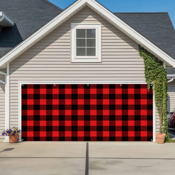 Black Red Plaid Garage Door Cover Banner 7 x 16 FT, Vintage Rustic Buffalo Checked Gingham Garage Door Curtains Backdrop with Grommets for Indoor Outdoor Wall Party Porch Yard Decorations Background