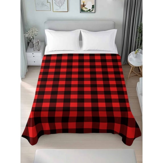 Black Red Plaid King Size Flat Sheet, Wrinkleproof & Fadeproof Cooling Flat Bed Sheet Only, Vintage Rustic Buffalo Checked Gingham Breathable Soft Bedding Top Sheets 105 x 98 Inches