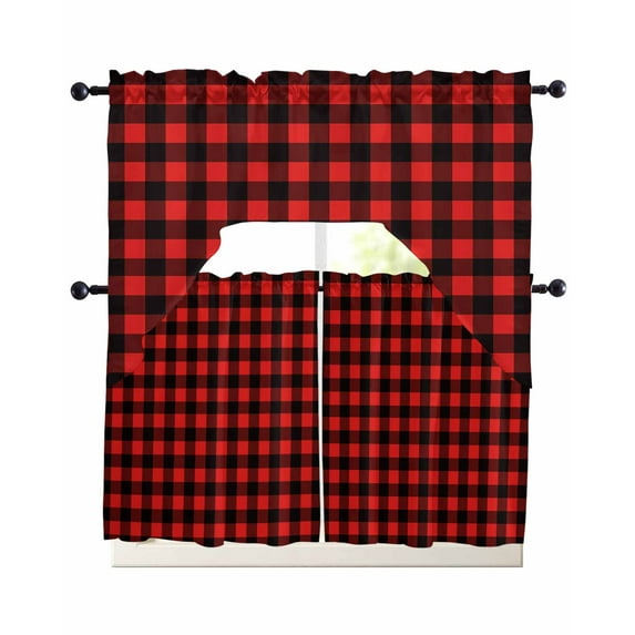 Black Red Plaid Kitchen Curtains Sets 24 Inch Length with Valance, Vintage Rustic Buffalo Checked Gingham Swag Valances and Tiers Curtain Set Drapes Swag Curtains for Living Room, Bathroom, Bedroom