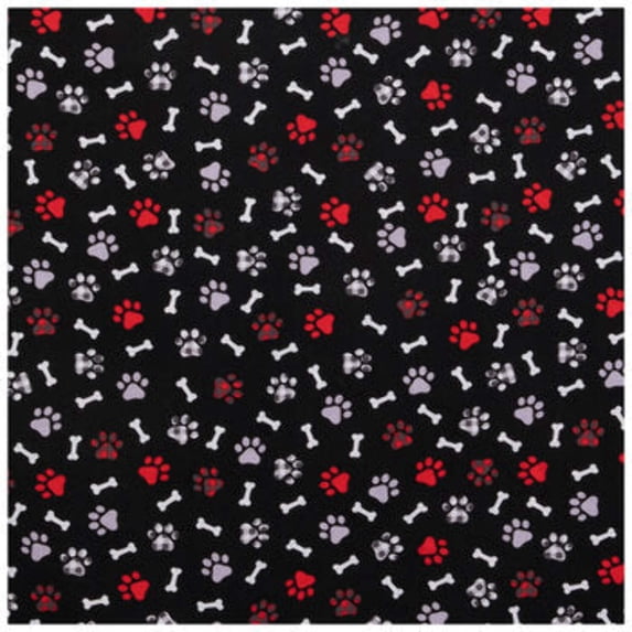 Black Red Plaid Paw Prints Cotton Calico Fabric