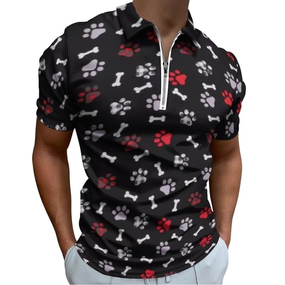 Black & Red Plaid Paw Prints Men Zipper T-shirt Summer Casual Short Sleeve T-shirt Top