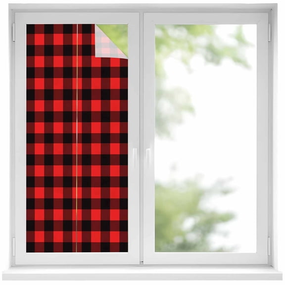 Black Red Plaid Privacy Window Film, Decorative Frosted Glass Window Film, Vintage Rustic Buffalo Checked Gingham Reusable Peel and Stick Static Cling for Home Bathroom Office Glass Door 17.7"x39.3"
