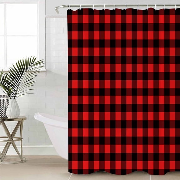 Black Red Plaid Small Stall Shower Curtain, Waterproof Shower Curtains for Bathroom, Vintage Rustic Buffalo Checked Gingham Washable Fabric Cloth Bath Curtain for Bathtub with Hooks 36x78 Inches