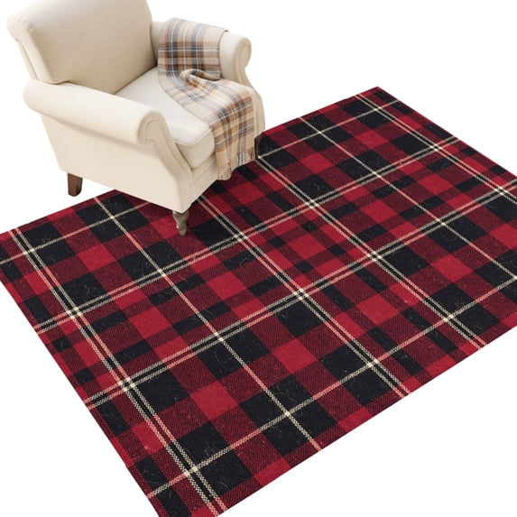 Black Red Plaid Washable Area Rug 3 x 5 ft Classic Rustic Buffalo Check Grid Soft Non‑Slip Rugs Stain Repellent Indoor Mats for Entry Foyer, Apartment Living Corner Dining Nook