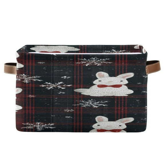Black Red Plaids White Rabbits Christmas Square Storage Bins with Handles Collapsible Containing Box 1 Pack