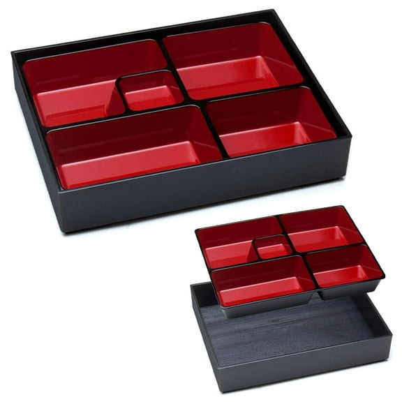Black & Red Plastic Bento Box with Lid 10.25"L