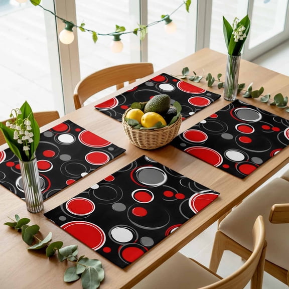 Black and Red Polka Dot Circle Placemats Set of 4,Wipeable Washable Table Mats for Dining Tables, Modern Abstract Art Place Mats for Kitchen Event Party Tabletop Decor