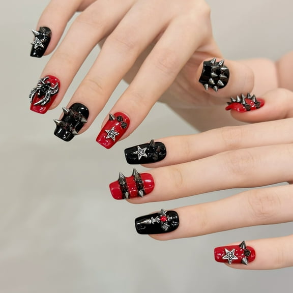 Black Red Rebel French Nails Medium Square Press On Nails for Women with Edgy Musical  Instrument Stud Details Handmade Acrylic