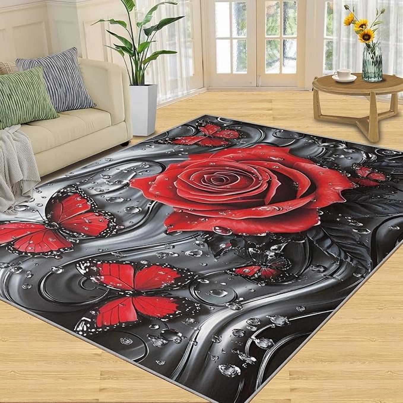 Black Red Rose Area Rugs for Living Room, Flower Butterfly Area Rug ...
