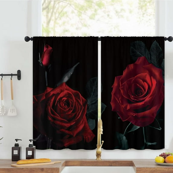 Black Red Rose Kitchen Curtains 27.5W x 39L Inch Romantic Flower Floral Blooming Valentine''s Day Women Rod Pocket Short Cafe Tier Small Window Treatment Drapes Decor 2 Panels