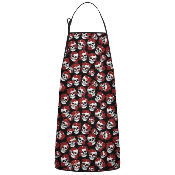 Black Red Rose Skull Pattern Apron-Garden Aprons for Women with Pockets-Cotton Linen Waterproof Kitchen Cooking Gardening Aprons Adjustable for Kitchen,Cooking,BBQ and Salon 33x27 Inch