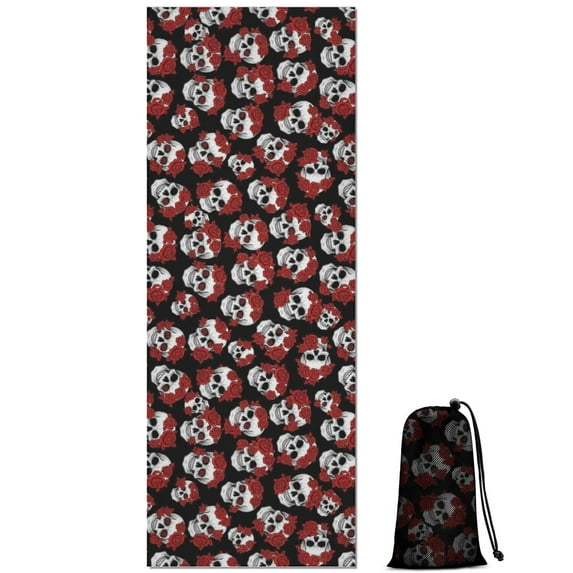Black Red Rose Skull Pattern Hot Yoga Mat Towel Non Slip for Hot Yoga - Quick-Drying Yoga Mat Cover with 4 Corner Pockets with Travel Bag - Hot Yoga Towel Non Slip 74"x26"