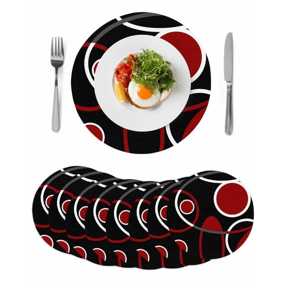 Black Red Round 15 Inch Placemats Set of 8, White Circle Geometric Abstract Texture HeatResistant Non Slip Place Mats for Dining Table, Wipeable Braided Kitchen Table Mats for Housewarming