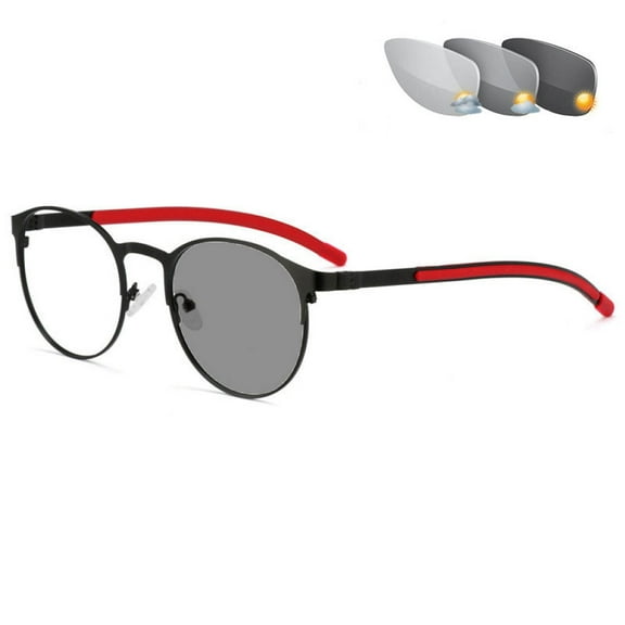 Black Red Round BIFOCAL Photochromic Reading Glasses 2.00 for Women and Men Presbyopic Eyeglasses Outdoor Sports Fishing Metal Sunglasses Readers +2.00 UV