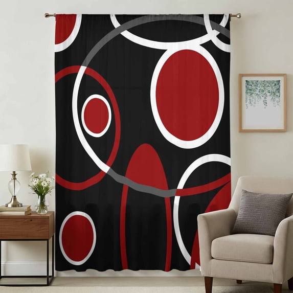 Black Red Sheer Curtains 108 Inches Extra Long, White Circle Geometric Abstract Texture Light Filering Curtains, Privacy Drapes Simi Floor to Veiling Curtain for Living Room Bedroom Window Treatment