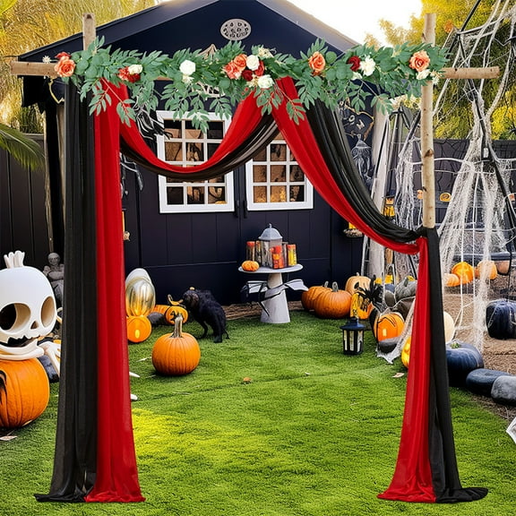 Black Red Sheer Window Scarf Valances, 2pcs 18ft Decorative Elegant Wedding Arch Draping Fabric for Halloween Wedding Ceremony Party
