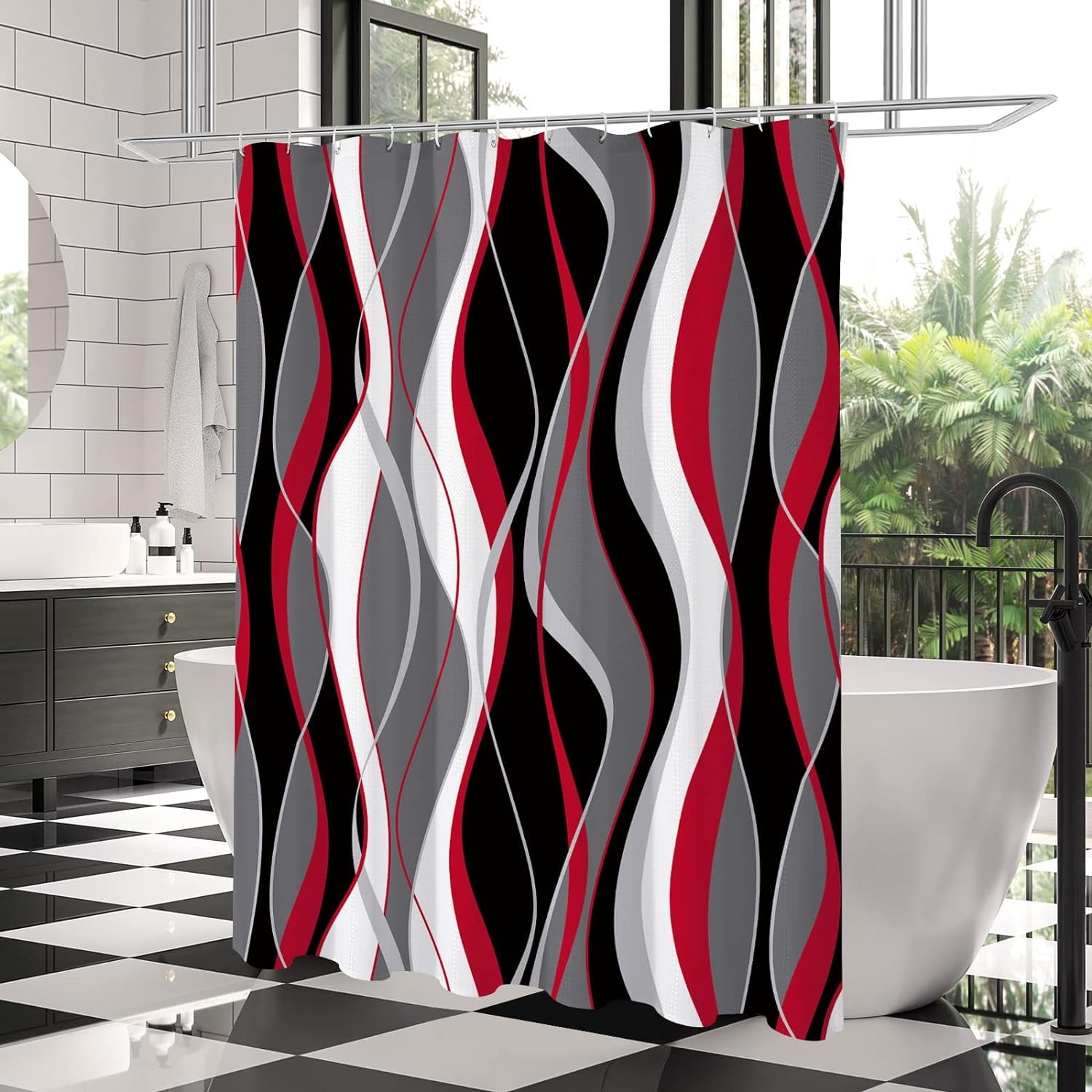 Black and Red Shower Curtain, Abstract Modern Grey and Red Bathroom ...