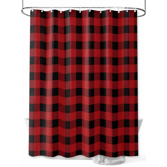 Black Red Shower Curtain, Buffalo Plaid Checked Waterproof Shower Curtain Set with 12 Hooks Lightweight Washable Fabric Shower Curtains for Bathroom 36x72 Inches