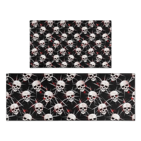 Black Red Skull Burst Pattern Kitchen Rugs Sets Of 2,Anti Fatigue Kitchen Mat Rugs Non Slip Washable,Decorative Kitchen Floor Mats for Kitchen,Sink,Laundry,17"x30"+17"x47"