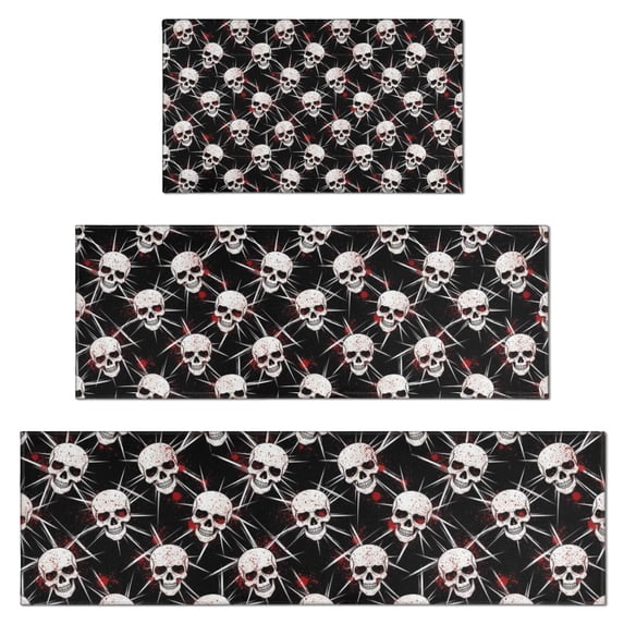 Black Red Skull Burst Pattern Kitchen Rugs Sets Of 3,Kitchen Runner Rugs Non Skid Washable,Decorative Kitchen Floor Mats for Kitchen,Sink,Laundry,17"x30"+ 17"x47" + 17"x59"