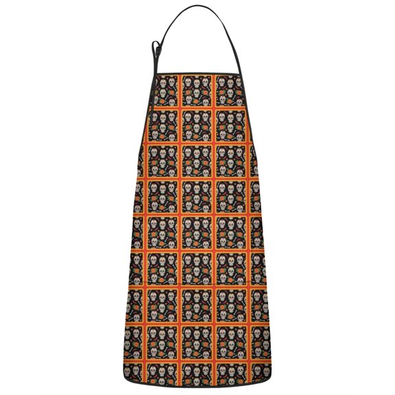Black Red Skull Tile Pattern Apron-Garden Aprons for Women with Pockets-Cotton Linen Waterproof Kitchen Cooking Gardening Aprons Adjustable for Kitchen,Cooking,BBQ and Salon 33x27 Inch