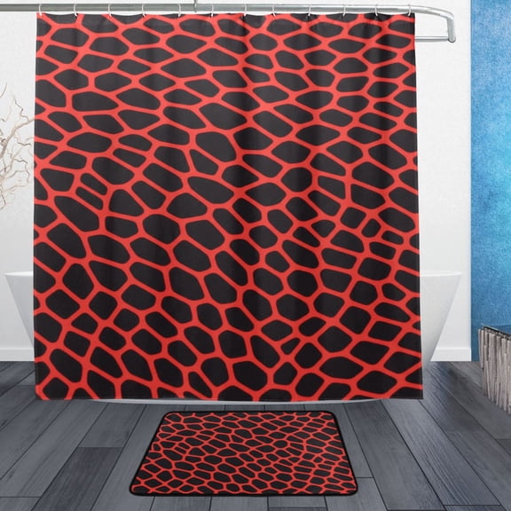 Black Red Snake Skin Bathroom Accessory Sets Waterproof Shower Curtain with Absorbent Non-Slip Rug