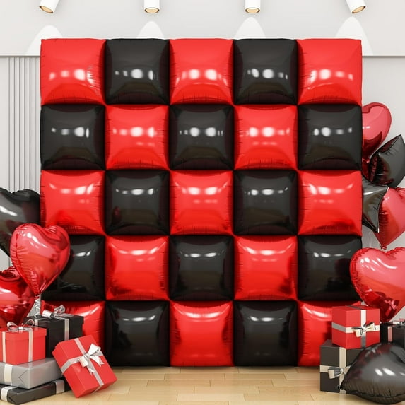 Black Red Square Foil Balloon Wall,25Pcs Double Sided Foil Balloons Backdrop Helium Tunnel Arch Garland Kit for Birthday New Year Eve Graduations Bridal Anniversary Party Decorations