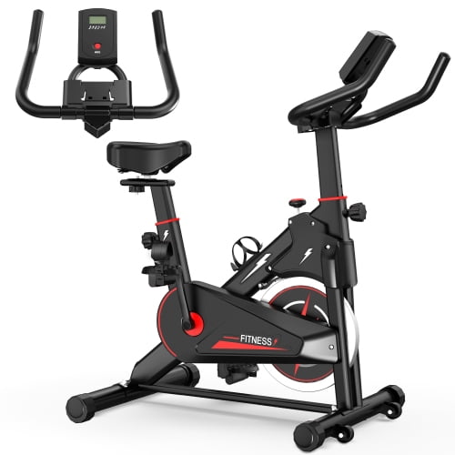 Black Red Stationary Exercise Bike with Monitor, Adjustable Resistance, Padded Seat & Handlebars Quiet Compact Home Cycling Machine