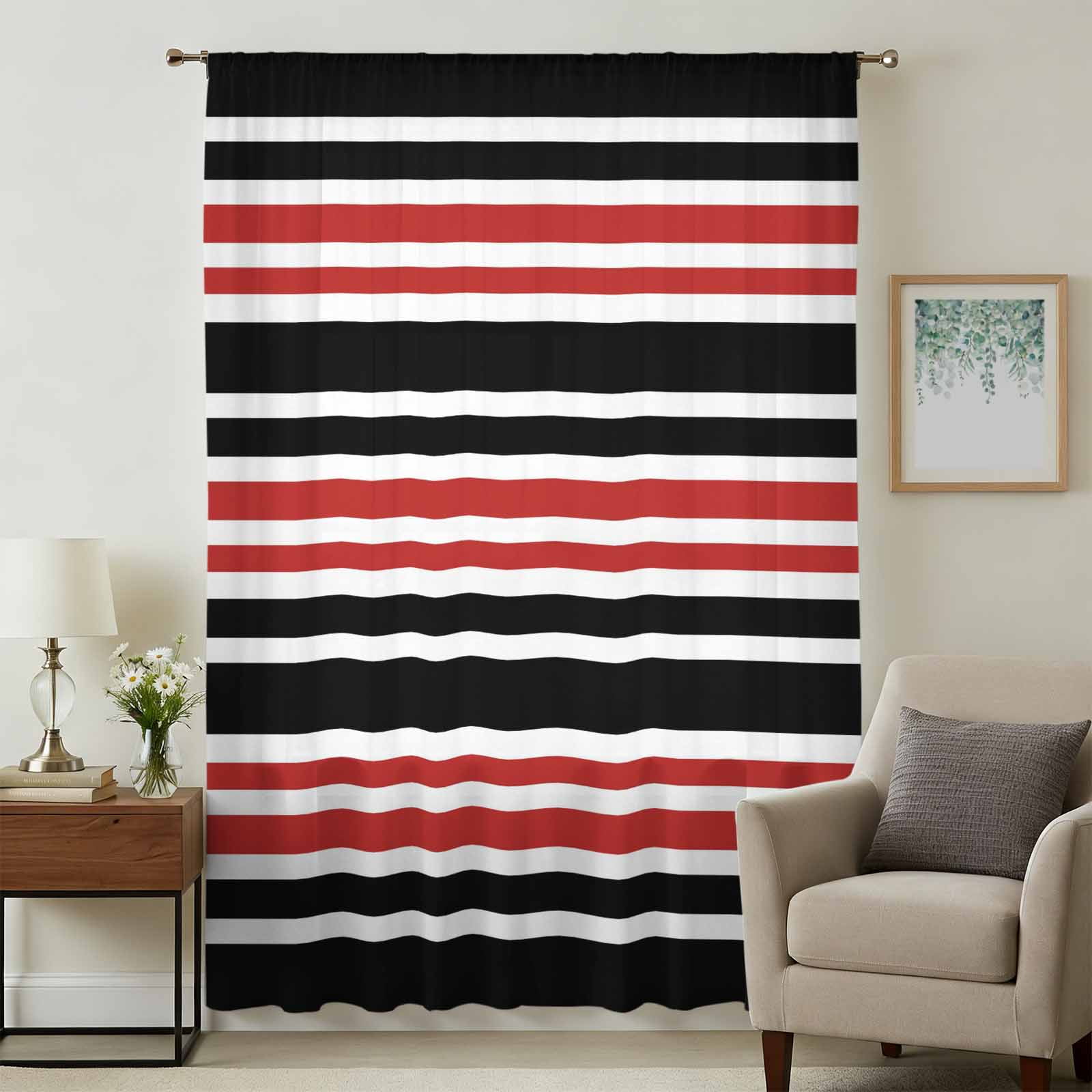 Black Red Striped Sheer Curtains 96 Inches Long, Horizontal Lines ...