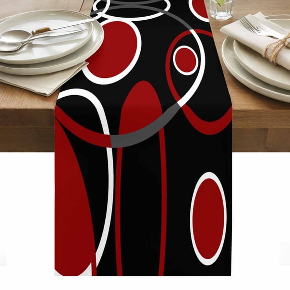 Black Red Table Runner - 90 Inch Long, Kitchen Dining Table Runner Dresser Scarves, White Circle Geometric Abstract Texture Farmhouse Decor for Coffee Tables Wedding Party Banquet