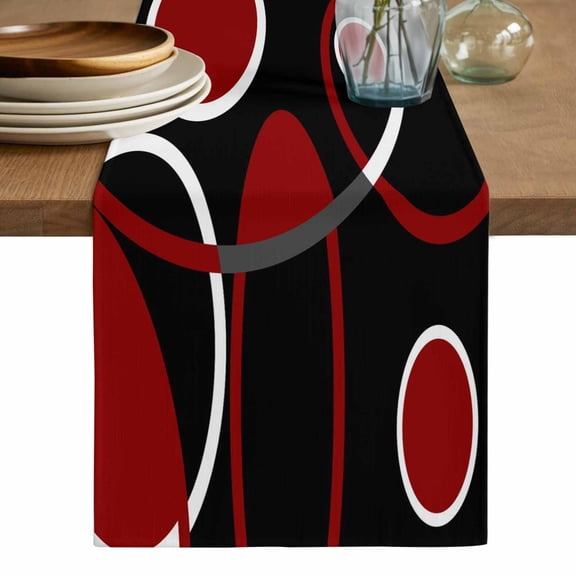 Black Red Table Runner, White Circle Geometric Abstract Texture Washable Cotton Linen Table Runners 36 Inches Long, Dresser Scarf Runner for Nightstand/End Tables/Round Tables 13''x36''