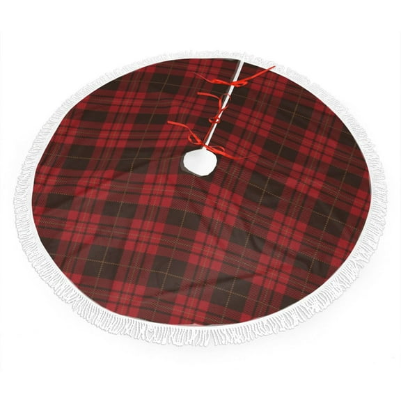 Black Red Tartan Christmas Tree Skirts with Tassel Decorations Indoor Outdoor for Holiday Party Home Decor 30"