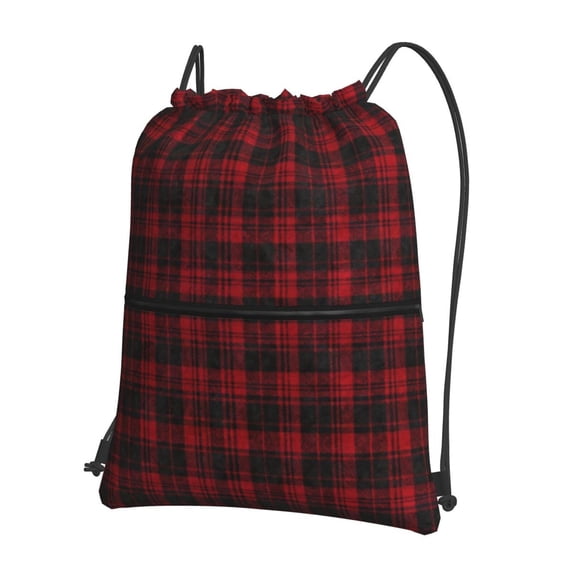 Black Red Tartan Pattern Drawstring Backpack Bag Water Resistant Yoga Shopping Cinch Bag Sackpack For Men Women