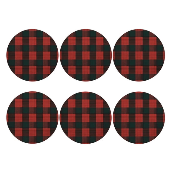 Black Red Tartan Set of 6 Faux Leather 4 Inch Coasters Drinks Tabletop Home Dinning Round Shape