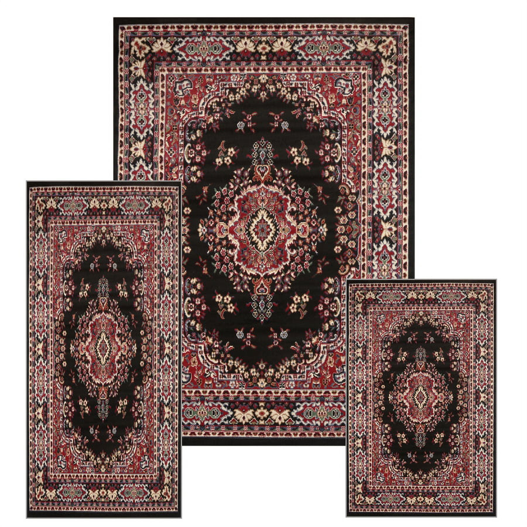 Black/Red Traditional 3PC Rug Set Runner Accent Mat Area Rug Persian ...