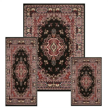 Black/Red Traditional 3PC Rug Set Runner Accent Mat Area Rug Persian Oriental Bordered Rug