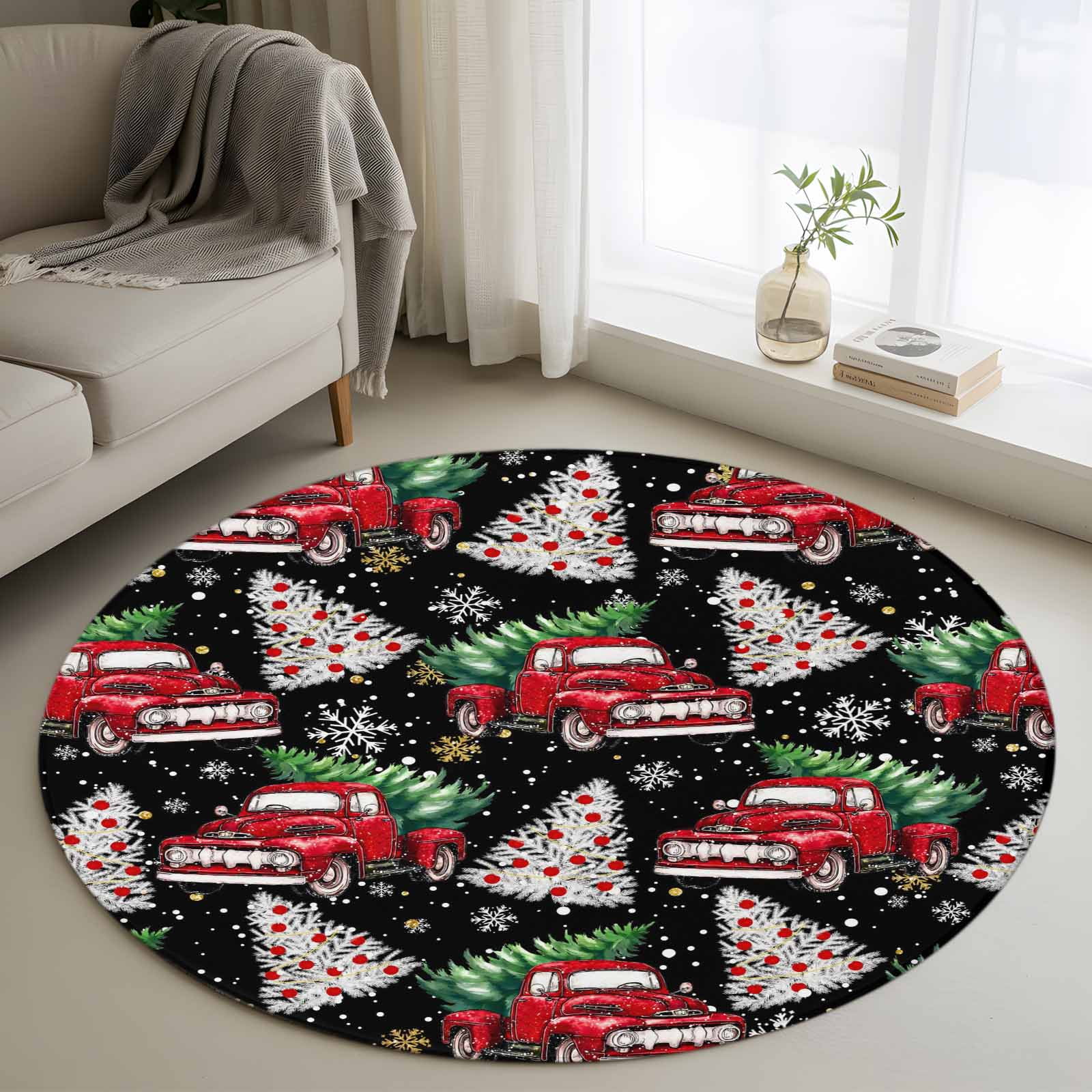 Black Red Truck Christmas Round Rug 3ft Washable Circle Entryway Rugs ...