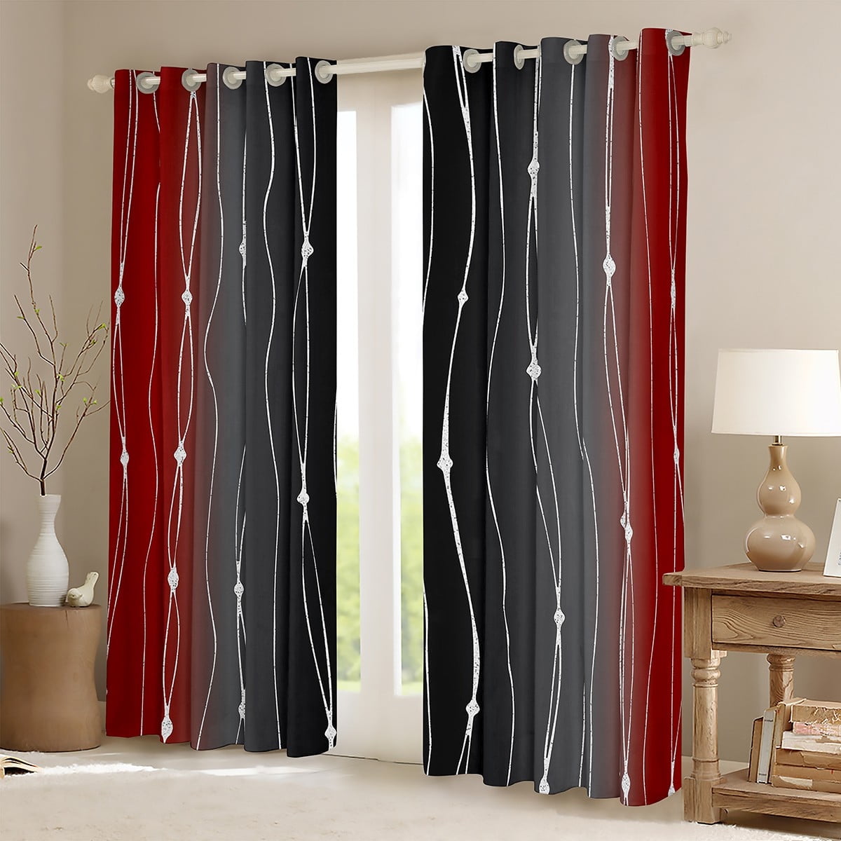 Black and Red Watercolor Curtains Wave Stripe and Dots Curtains & Drapes, Geometric Aesthetic 30%-50% Blackout Curtains Ombre Gradient Living Room Curtains, Modern Abstract Lines Window Treatments