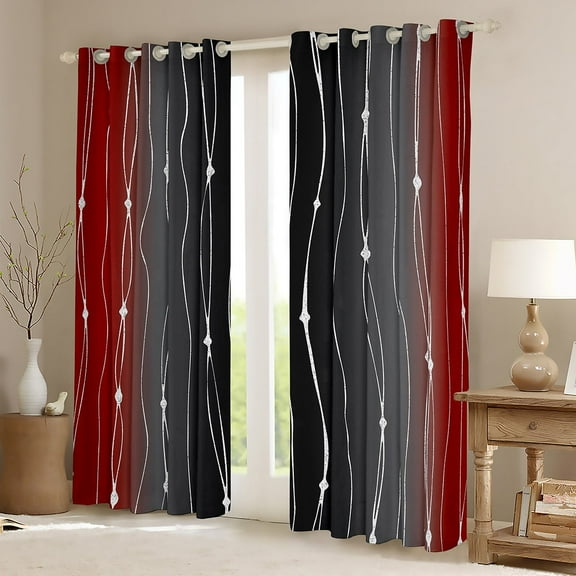 Black and Red Watercolor Curtains Wave Stripe and Dots Curtains & Drapes, Geometric Aesthetic 30%-50% Blackout Curtains Ombre Gradient Living Room Curtains, Modern Abstract Lines Window Treatments